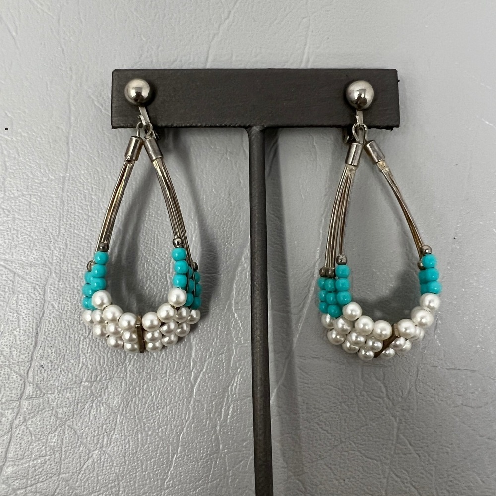 Vintage‎ Clip On Dangle Earrings Faux Pearl Teal Blue Beads Silver Tone Drop